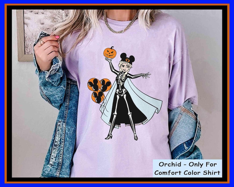 Elsa Princess Skeleton Costume Halloween Balloon Pumpkin Comfort Colors T-Shirt Frozen Disney Halloween Girl Shirt Spooky Season Gift