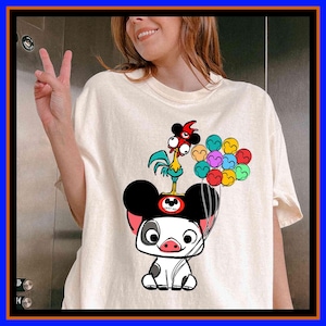 Cute mouse and chicken shirt featuring a playful cartoon animal design with colorful balloons. Perfect for family vacation outfits, kids, adults, unisex wear, party looks, and fun gift ideas.