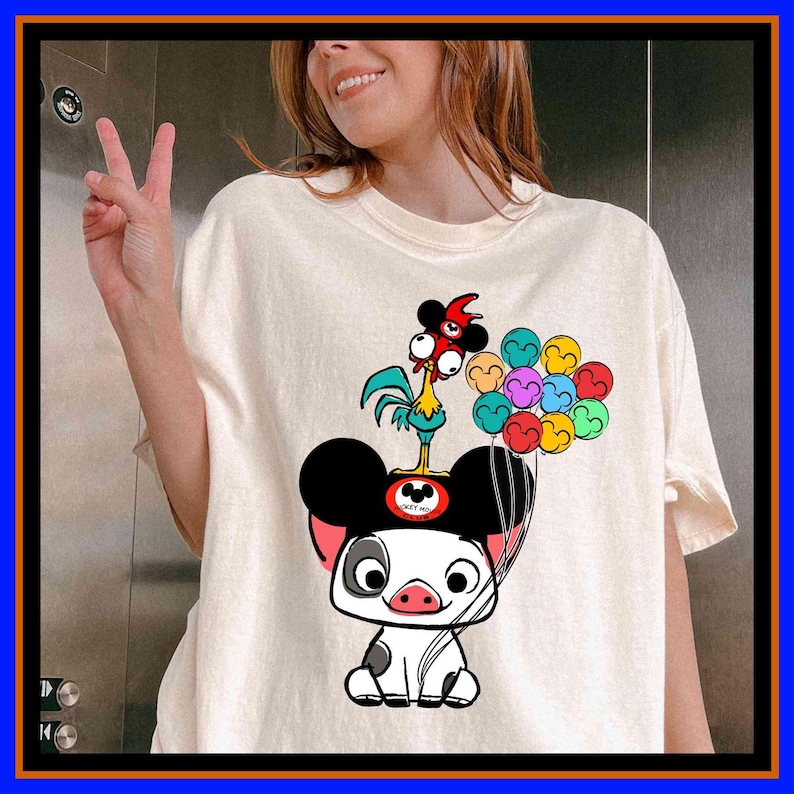 Cute mouse and chicken shirt featuring a playful cartoon animal design with colorful balloons. Perfect for family vacation outfits, kids, adults, unisex wear, party looks, and fun gift ideas.