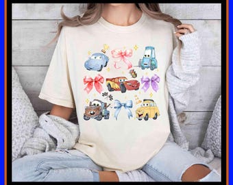 Disney Cars-T-shirt | Shirt Bliksem McQueen Mater Sally | Pastelkleurige retro Disney Cars-T-shirt | Unisex katoenen T-shirt volwassen kinderen cadeau met capuchon GU209