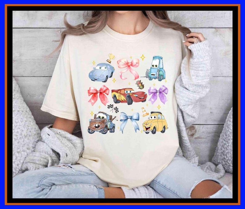 Unisex graphic tee featuring Disney Cars characters in a cute bow-themed collage with Lightning McQueen and friends, perfect for Disney fans, kids, adults, family trip outfits, and gift ideas.