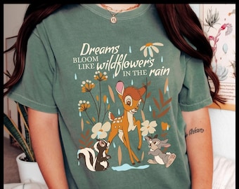 Dreams Bloom Like Wildflowers T-shirt: Bambi Floral Rain Graphic T-shirt, Uniex volwassenen kinderen hoodie T-shirt zacht katoen cadeau Disney fan GU26