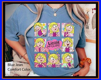 May include: Blue jean comfort color t-shirt featuring a grid of nine cartoon images of Lizzie McGuire. The images are in a square format with a pink and purple color scheme. The text "Lizzie McGuire" is in a pink bubble.