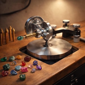 Puede incluir: Primer plano de una máquina para hacer joyas con un acabado metálico pulido. Una piedra preciosa verde está sujeta por la máquina. Varias piedras preciosas de colores están dispersas sobre la superficie de madera, incluyendo esmeraldas, amatistas y rubíes.