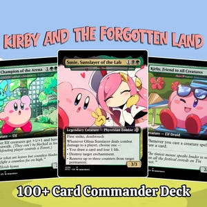 May include: Three custom Magic: The Gathering trading cards featuring Kirby characters. The cards are titled Kirby, Champion of the Arena, Susie, Sunslayer of the Lab, and Kirby, Friend to All Creatures. The text Kirby and the Forgotten Land is above.
