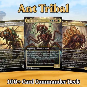 May include: Three Magic: The Gathering cards featuring insect-like creatures. The cards are titled "Morophon, the Boundless", "The First Sliver", and "Sliver Hivelord". The text "Ant Tribal" and "100+ Card Commander Deck" are also visible.
