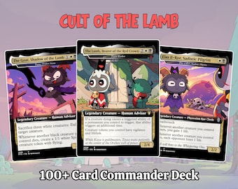 May include: Three trading cards from a Cult of the Lamb themed deck. The cards feature cartoon characters with black, white, and red color schemes. Text on the cards includes The Goat, Shadow of the Lamb, The Lamb, Bearer of the Red Crown, and Elas il-Kor, Sadistic Pilgrim.