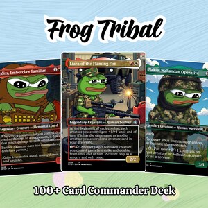 May include: A 100+ card commander deck featuring custom frog-themed trading cards. The cards display illustrations of green frog characters in various military and fantasy outfits, including Kediss, Emberclaw Familiar, Liara of the Flaming Fist, and Nakia, Wakandan Operative, with text labels.
