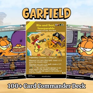 May include: Three custom Magic: The Gathering trading cards featuring Garfield characters. The center card is titled Rin and Seri, Inseparable, with Garfield and Odie as pirates. The left card is Arahbo, the First Fang, and the right is Jazal Goldmane.