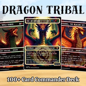 May include: A 100+ card commander deck titled Dragon Tribal featuring three trading cards: Atarka, World Render, The Ur-Dragon, and Atsushi, the Blazing Sky. Each card displays pixel art of a dragon with black borders and white text.