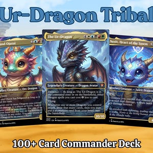 May include: Three fantasy trading cards featuring dragon illustrations. The cards display the text "Ur-Dragon Tribal" and "100+ Card Commander Deck." Each card showcases a different dragon with unique artwork and game details. The cards are set against a desert backdrop.