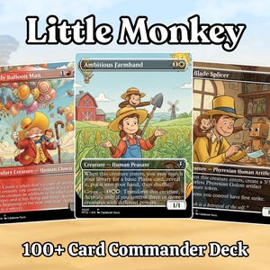 May include: Three Magic: The Gathering trading cards titled The Jolly Balloon Man, Ambitious Farmhand, and Blade Splicer, featuring illustrated characters and game text, displayed against a desert background with the text Little Monkey 100+ Card Commander Deck.