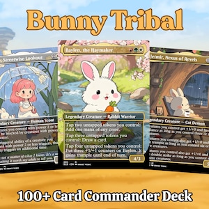 May include: Three Magic: The Gathering trading cards titled Bunny Tribal 100+ Card Commander Deck. The cards feature illustrated characters including a girl with an umbrella, a white rabbit holding a carrot, and a small creature in a cozy room.