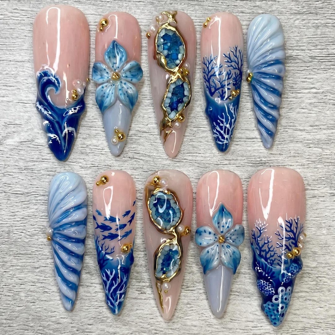 Handmade Luxury Ocean Press on Nails, 3D Floral Blue Wave & Coral ...