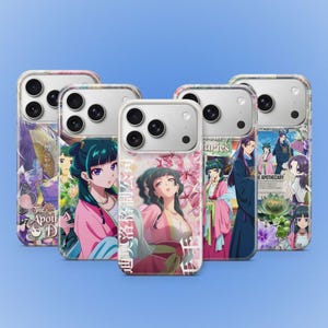 May include: A collection of phone cases featuring anime-style illustrations. The cases showcase images of women in traditional attire, with floral and botanical elements. The color palette includes pink, purple, and green hues, with Japanese text.