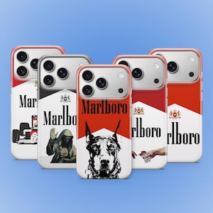 May include: A collection of phone cases featuring a red and white design reminiscent of a cigarette pack. Each case has a different graphic, including a race car, a hooded figure, a Doberman, and a hand holding a cigarette.