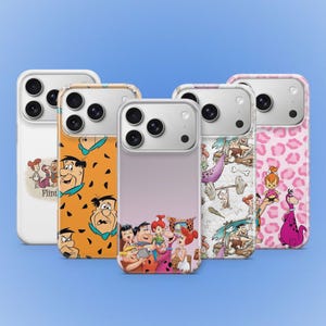May include: Five phone cases with cartoon character designs. The cases feature images of characters from The Flintstones, including Fred Flintstone, Wilma Flintstone, and others. The cases have a variety of patterns and colors, including orange, pink, and white.