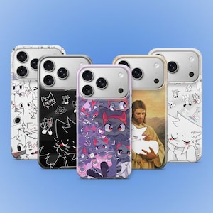 Puede incluir: Una colección de cinco fundas para teléfonos con varios diseños. Una funda presenta un patrón de gato de dibujos animados en blanco y negro, otra tiene un gráfico de gato negro y una tercera muestra un diseño de gato púrpura. La cuarta funda tiene un retrato de Jesús y la quinta un gato de dibujos animados blanco.