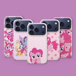 May include: Five pink phone cases with various designs featuring cartoon ponies. The cases have a white border and a black camera housing. Designs include polka dots, strawberries, and pony characters.