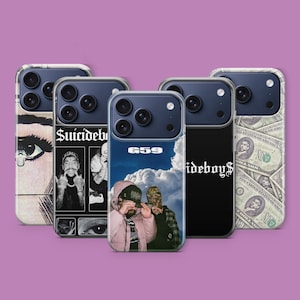 Könnte beinhalten: Fünf Handyhüllen mit verschiedenen Designs werden gezeigt. Eine Hülle hat eine Augengrafik, eine andere zeigt den Text "Suicideboys" mit Bildern, und eine dritte zeigt zwei Figuren mit dem Text "659". Die restlichen Hüllen haben Dollar-Schein- und "$uicideboy$"-Designs.