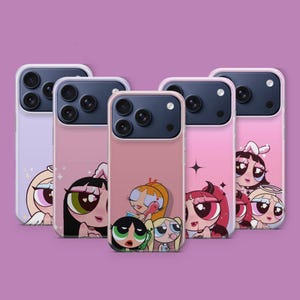 May include: A collection of phone cases featuring cartoon characters in various designs. The cases are primarily pink and purple, with images of the characters in different poses. The cases have a clear, glossy finish and are designed for a smartphone.