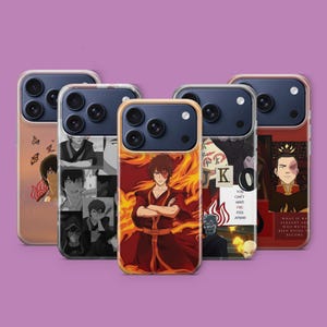 May include: Five phone cases with various designs featuring characters and imagery from an animated series. The cases showcase a range of colors, including red, orange, black, and white, with some cases displaying text and illustrations.