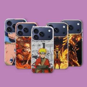 Op de afbeelding: Vijf telefoonhoesjes met anime-stijl illustraties. De ontwerpen tonen een personage met stekelig geel haar in dynamische poses en scènes, met oranje, rode en zwarte kleuren. De hoesjes hebben een transparante rand.