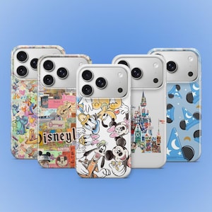 May include: Five phone cases with Disney-themed designs. One case features a collage with the word "Disneyl" and other cases showcase characters like Mickey Mouse, Donald Duck, and a castle. The cases have a white border and a blue background.