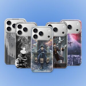 May include: Five phone cases with distinctive artistic designs. The cases display illustrations of fantasy scenes, including a figure in a top hat, a person on a throne, and a cityscape with a red planet. The cases have a clear border.