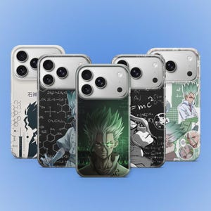May include: Five phone cases with different designs featuring anime characters. The cases have a white border and a glossy finish. The designs include a character with green hair, scientific formulas, and Japanese text.