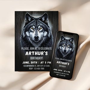 May include: A black and white birthday invitation featuring a detailed illustration of a wolf with yellow eyes. The invitation includes the text "PLEASE, JOIN US TO CELEBRATE ARTHUR'S BIRTHDAY!" and event details.