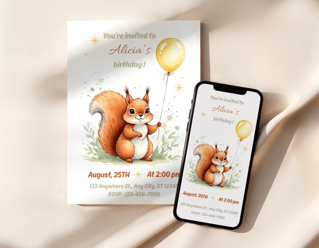 Watercolor Squirrel Birthday Invitation, Forest Theme, Editable Canva ...