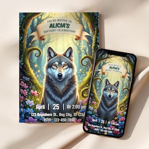 Puede incluir: Una invitación y un teléfono inteligente muestran un diseño de celebración de cumpleaños. La invitación y la pantalla del teléfono presentan una ilustración de lobo rodeada de una escena de bosque con flores. El texto dice "You're invited to Alicia's Birthday Celebration!" con fecha, hora e información de RSVP.