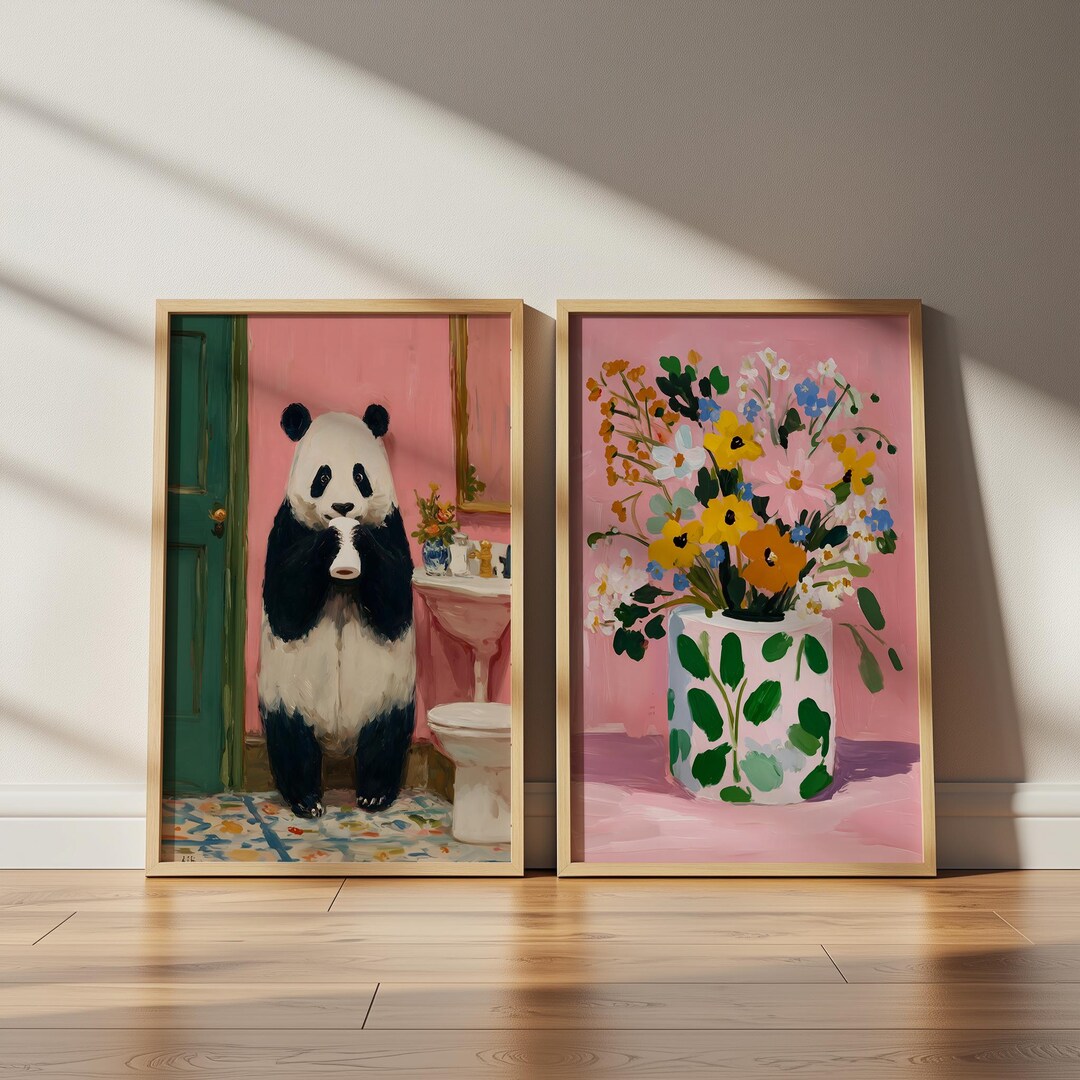 Bathroom Wall Art Set Funny Panda Print, Floral Wall Art Set, Pink ...