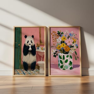 Väggkonstset för badrum Rolig panda, väggkonstset med blommig design, rosa badrumsdekor, utskrivbar väggkonstpaket, väggdekor för gästbadrum