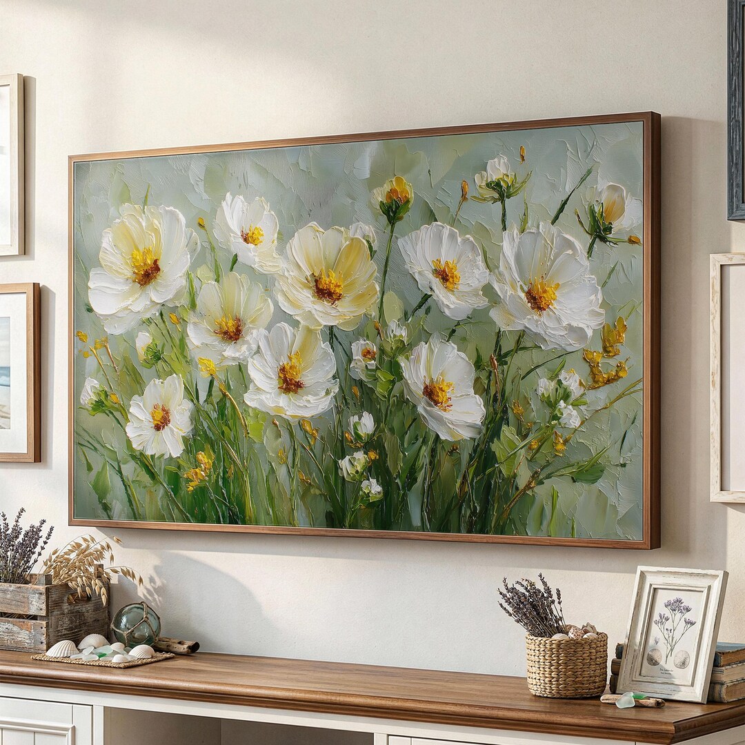 White Wildflower Oil Painting Frame TV Art, Textured Floral Wall Art ...
