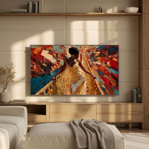 May include: A rectangular wall art print featuring an oil painting of a person in a shimmering gold dress standing on a rope bridge. The background is a vibrant, abstract explosion of red, orange, and blue brushstrokes with thick texture.