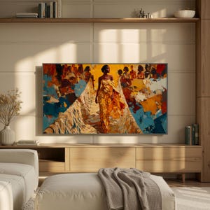 May include: A rectangular wall art print featuring an oil painting of a person in a flowing gold gown walking down a path, surrounded by a crowd. The artwork uses thick, textured brushstrokes in vibrant shades of yellow, orange, blue, and brown.