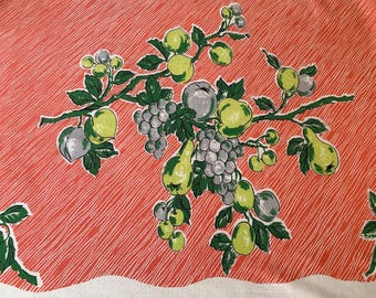 Vintage Tablecloth, Coral with Lime Green and Gray Fruits, Apples, Pears, Grapes, Good Condition
