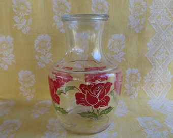 Vintage Anchor Hocking Carafe, Red Tulips and Yellow Ribbons, Vintage Carafe with Original Lid, Juice Carafe, Glass Pitcher for Orange Juice