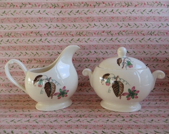 Vintage Crown Potteries Creamer and Sugar, Crown Potteries USA, Sugar Bowl with Lid, Pink and Green Flowers with Brown Leaf, Mid Century