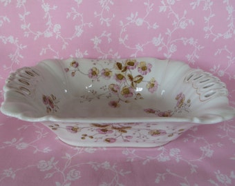 Leonard Vienna China, Rectangular Vintage Bowl, White China Serving Dish with Pink Flowers, Early 20th Century, Downton Abbey Style