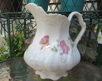 Vintage Water Pitcher, White China Pitcher with Pink Flowers, Biltmore, Cottage Charm