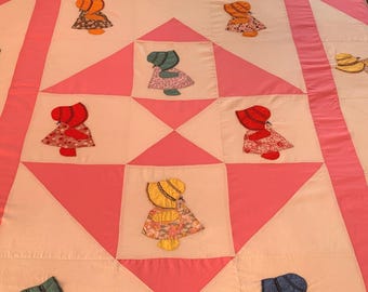 Sunbonnet Sue Quilt Top, Vintage Fabrics, Bubble Gum Pink Sashing,  Hand Embroidered, Hand Sewn