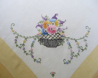 Vintage Tablecloth Embroidered Flower Baskets Yellow and Orange Borders, Cottage Decor, Luncheon Tablecloth, Farmhouse Kitchen