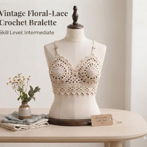 May include: A beige crochet bralette with a floral lace pattern displayed on a mannequin. The text reads: Vintage Floral-Lace Crochet Bralette, Skill Level: Intermediate. A small brown tag reads: Handmade with love. The bralette features adjustable straps.