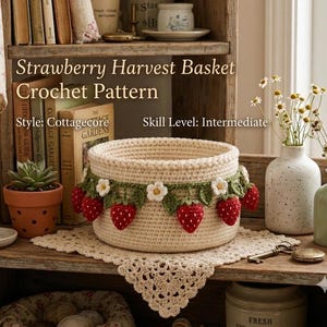 May include: A round, cream-colored crochet basket featuring a decorative border of red strawberries with green leaves and small white flowers. The text Strawberry Harvest Basket Crochet Pattern, Style: Cottagecore, and Skill Level: Intermediate is visible.