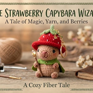 May include: A crocheted capybara wizard wearing a red strawberry hat and green cape, holding a golden staff. The image includes text: "The Strawberry Capybara Wizard: A Tale of Magic, Yarn, and Berries" and "A Cozy Fiber Tale."