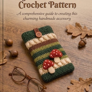 May include: A crochet pattern for a glasses sleeve with a woodland mushroom design. The sleeve is green, brown, and cream with two red and white mushroom appliqués. The text reads "Woodland Mushroom Glasses Sleeve Crochet Pattern".