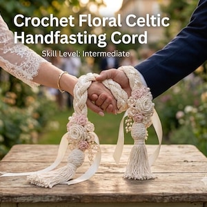 Pode incluir: Um cordão de handfasting de crochê na cor creme com seções trançadas, adornos florais em rosa suave e branco, detalhes em pérolas e borlas longas. O texto "Crochet Floral Celtic Handfasting Cord" e "Skill Level: Intermediate" é visível.